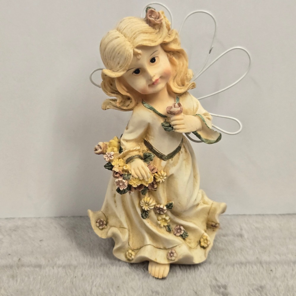 Vintage Resin Angel Girl Figurine White Wire Wings Floral Gown Cottagecore Decor